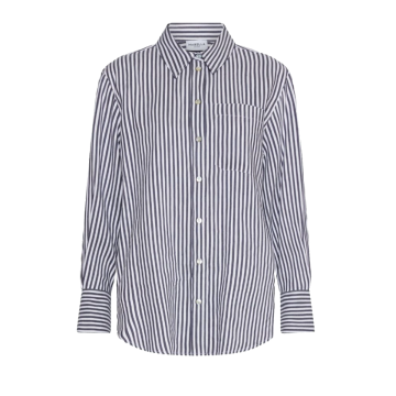 blue and white stripe shirt with buttons and one pocket