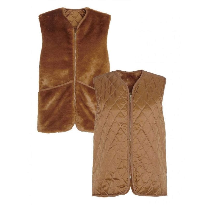 Womens Quilted Fur Gilet Gold